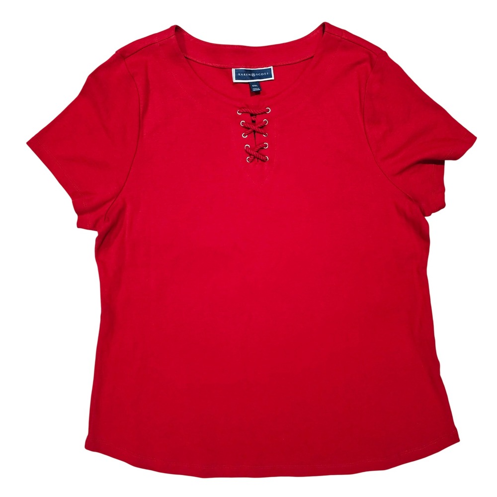 Karen Scott XXL Women Red Short Sleeve Lace-Up Neck T-Shirt Casual Cotton Top